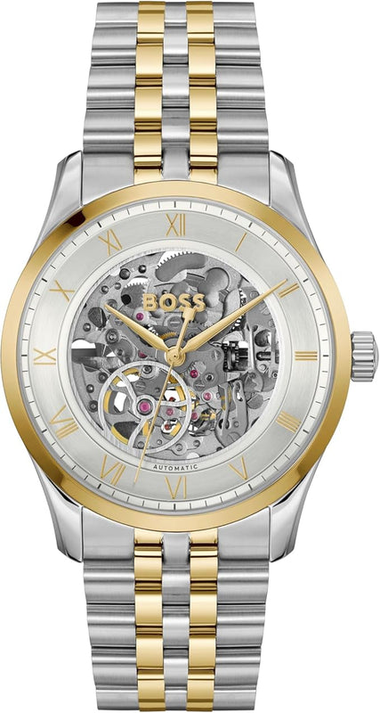 Hugo Boss Principle Skeleton Silver Dial Two Tone Steel Strap Watch for Men - 1514237 Authentic Buy Shop Now
