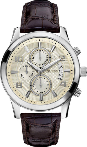 Guess Exec Chronograph White Dial Brown Leather Strap Watch For Men - W0076G2 Authentic Buy Shop Now