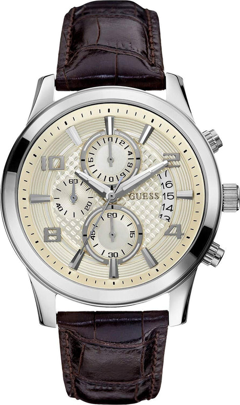 Guess Exec Chronograph White Dial Brown Leather Strap Watch For Men - W0076G2 Authentic Buy Shop Now