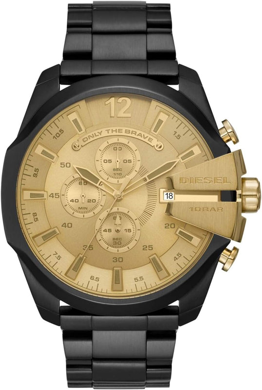 Diesel Mega Chief Chronograph Gold Dial Black Steel Strap Watch For Men - DZ4485 Authentic Buy Shop Now