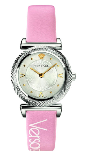Versace V-Motif Silver Dial Pink Leather Strap Watch for Women - VERE00118 Authentic Buy Shop Now