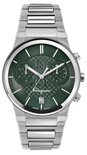 Salvatore Ferragamo Sapphire Chrono Green Dial Silver Steel Strap Watch for Men - SFME00421 Authentic Buy Shop Now