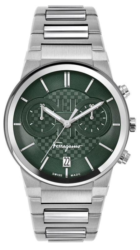 Salvatore Ferragamo Sapphire Chrono Green Dial Silver Steel Strap Watch for Men - SFME00421 Authentic Buy Shop Now