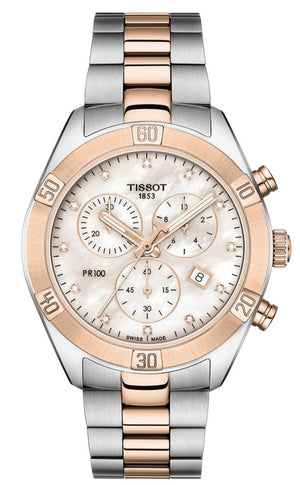 Tissot PR 100 Sport Chic Chronograph Diamonds Mother of Pearl Dial Two Tone Steel Strap Watch for Women - T101.917.22.116.00 Authentic Buy Shop Now
