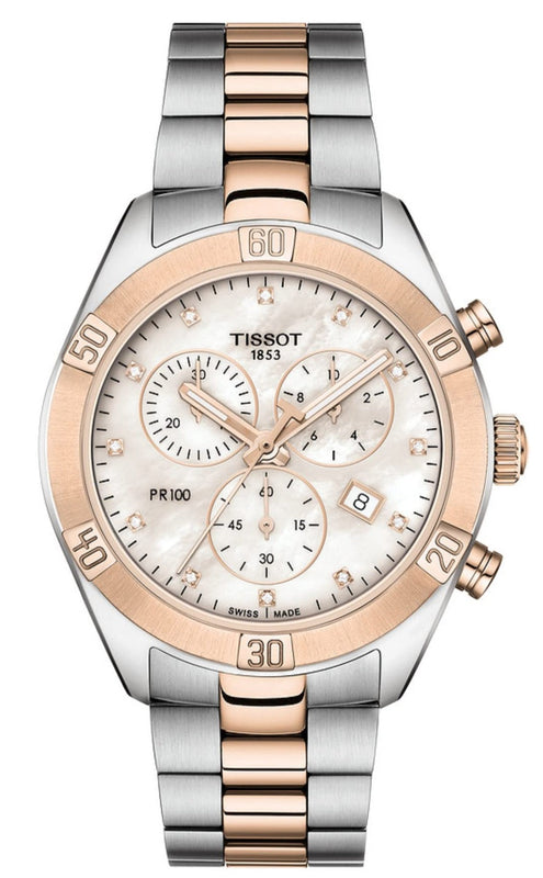 Tissot PR 100 Sport Chic Chronograph Diamonds Mother of Pearl Dial Two Tone Steel Strap Watch for Women - T101.917.22.116.00 Authentic Buy Shop Now