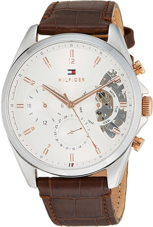 Tommy Hilfiger Baker Chronograph White Dial Brown Leather Strap Watch For Men - 1710450 Authentic Buy Shop Now