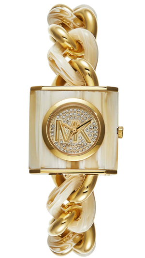Michael Kors Chain Lock Analog Crystals Silver Dial Gold Steel Strap Watch for Women - MK4809 Authentic Buy Shop Now