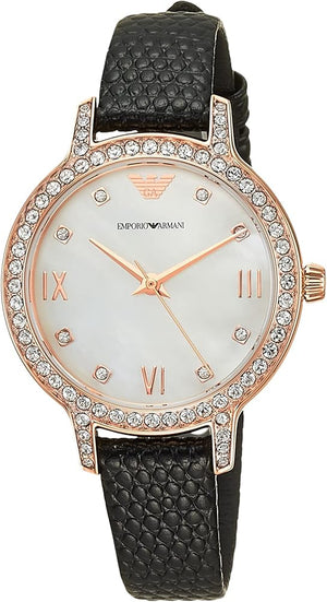 Emporio Armani Cleo Three-Hand Mother of Pearl Dial Black Leather Strap Watch For Women - AR11485 Authentic Buy Shop Now