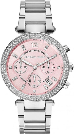 Michael Kors Parker Chronograph Pink Dial Silver Steel Strap Watch For Women - MK6105 Authentic Buy Shop Now