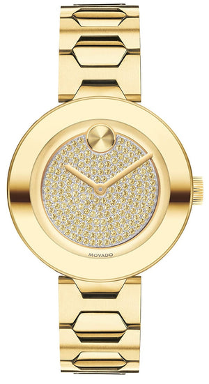 Movado Bold Crystal Gold Dial Gold Steel Strap Watch For Women - 3600492 Authentic Buy Shop Now
