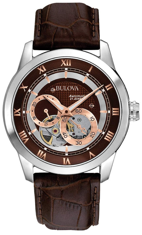 Bulova Classic Skeleton Automatic Brown Dial Brown Leather Strap Watch for Men - 96A120 Authentic Buy Shop Now
