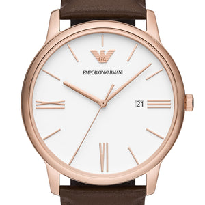 Emporio Armani Minimalist Quartz White Dial Brown Leather Strap Watch For Men - AR11572 Authentic Buy Shop Now