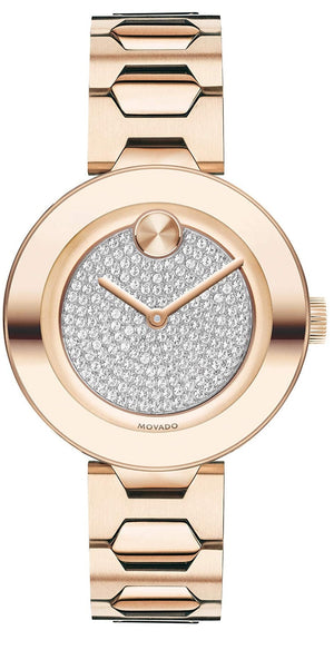 Movado Bold Crystal Pave Rose Gold Dial Rose Gold Steel Strap Watch For Women - 3600493 Authentic Buy Shop Now