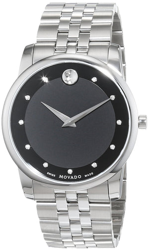 Movado Museum Diamonds Black Dial Silver Steel Strap Watch For Men - 606878 Authentic Buy Shop Now