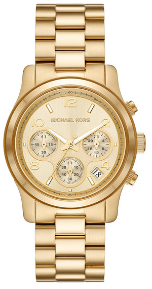 Michael Kors Runway Chronograph Gold Dial Gold Steel Strap Watch For Women - MK7323 Authentic Buy Shop Now
