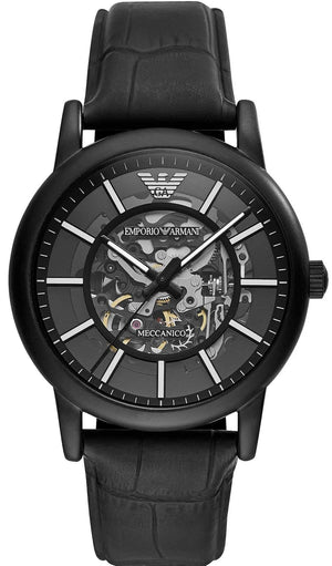 Emporio Armani Meccanico Automatic Skeleton Dial Black Leather Strap Watch For Men - AR60008 Authentic Buy Shop Now