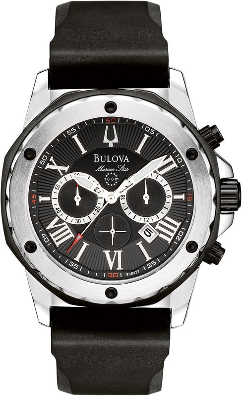 Bulova Marine Star Chronograph Black Dial Black Rubber Strap Watch for Men - 98B127 Authentic Buy Shop Now