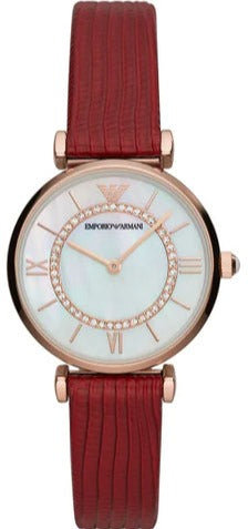 Emporio Armani Gianni T-Bar Analog Mother of Pearl Dial Red Leather Strap Watch For Women - AR11322 Authentic Buy Shop Now