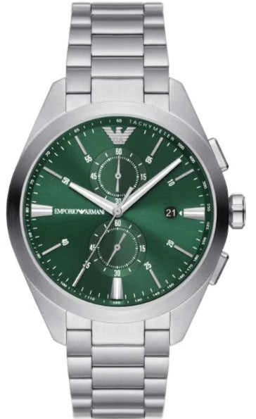 Emporio Armani Chronograph Green Dial Silver Steel Strap Watch For Men - AR11480 Authentic Buy Shop Now
