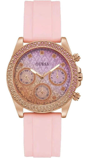 Guess Sparkling Chronograph Crystals Pink Dial Pink Silicone Strap Watch For Women - GW0032L4 Authentic Buy Shop Now