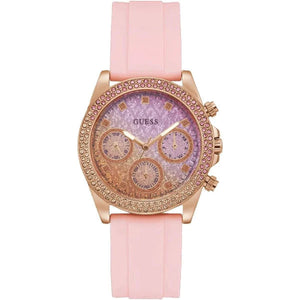 Guess Sparkling Chronograph Crystals Pink Dial Pink Silicone Strap Watch For Women - GW0032L4 Authentic Buy Shop Now