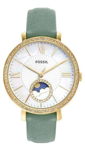 Fossil Jacqueline Analog Moonphase Mother of Pearl White Dial Green Leather Strap Watch for Women - ES5168 Authentic Buy Shop Now