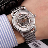 Emporio Armani Meccanico Skeleton Silver Dial Silver Steel Strap Watch For Men - AR1980 Authentic Buy Shop Now