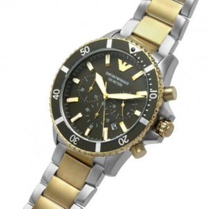 Emporio Armani Diver Chronograph Green Dial Two Tone Steel Strap Watch For Men - AR11361 Authentic Buy Shop Now