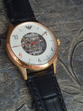 Emporio Armani Meccanico White Skeleton Dial Black Leather Strap Watch For Men - AR1924 Authentic Buy Shop Now