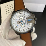Diesel Mega Chief Chronograph White Dial Brown Leather Strap Watch For Men - DZ4280 Authentic Buy Shop Now