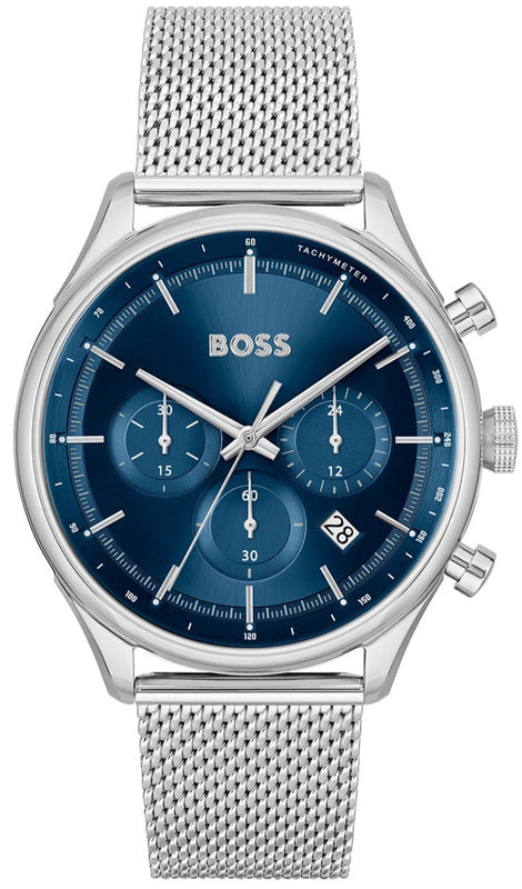 Hugo Boss Gregor Chronograph Blue Dial Silver Mesh Bracelet Watch For Men - 1514052 Authentic Buy Shop Now