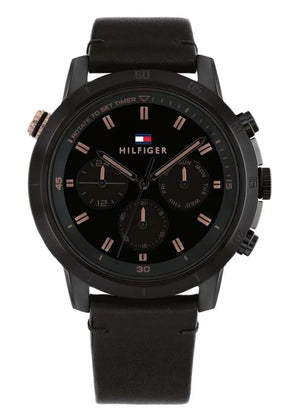 Tommy Hilfiger Troy Chronograph Black Dial Black Leather Strap Watch For Men - 1792110 Authentic Buy Shop Now