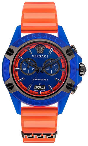 Versace Icon Active Chronograph Quartz Blue Dial Orange Rubber Strap Watch For Men - VEZ700922 Authentic Buy Shop Now