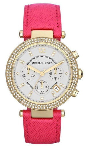 Michael Kors Parker Chronograph White Dial Pink Leather Strap Watch for Women - MK2297 Authentic Buy Shop Now