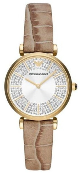 Emporio Armani Gianni T Bar Crystals Silver Dial Brown Leather Strap Watch For Women - AR11518 Authentic Buy Shop Now