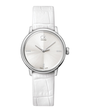 Calvin Klein Accent Silver Dial White Leather Strap Watch for Women - K2Y2Y1KW Authentic Buy Shop Now