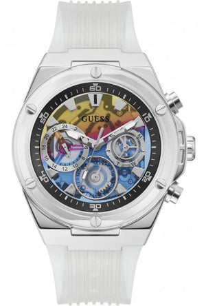 Guess Poseidon Chronograph Rainbow Dial White Silicone Strap Watch For Men - GW0425G4 Authentic Buy Shop Now