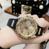 Guess Frontier Diamonds Gold Dial Black Rubber Strap Watch For Women - W1160L1 Authentic Buy Shop Now