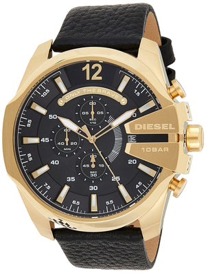 Diesel Mega Chief Chronograph Black Dial Black Leather Strap Watch For Men - DZ4344 Authentic Buy Shop Now