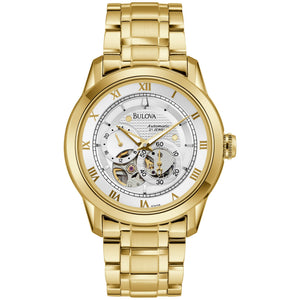 Bulova BVA Skeleton Silver Dial Gold Steel Strap Watch for Men - 97A108 Authentic Buy Shop Now