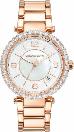 Michael Kors Parker Three-Hand Mother of Pearl White Dial Rose Gold Steel Strap Watch For Women - MK4695 Authentic Buy Shop Now