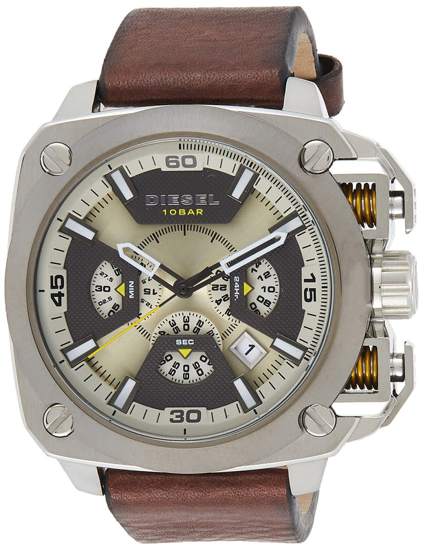 Diesel BAMF Chronograph Beige Dial Brown Leather Strap Watch For Men - DZ7343 Authentic Buy Shop Now