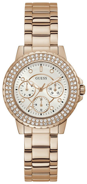 Guess Crown Jewel Multifunction Diamonds White Dial Rose Gold Steel Strap Watch For Women - GW0410L3 Authentic Buy Shop Now