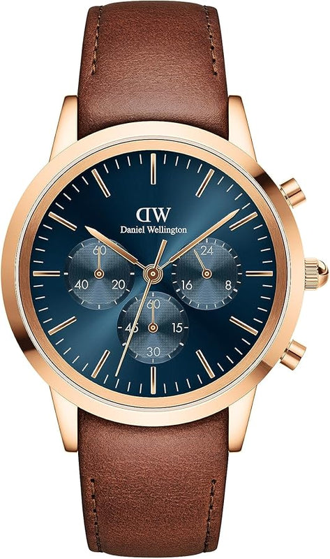Daniel Wellington Iconic Chronograph Blue Dial Brown Leather Strap Watch For Men - DW00100639 Authentic Buy Shop Now