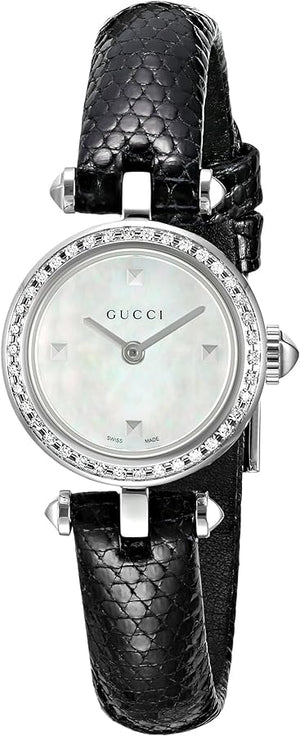 Gucci Diamantissima Diamonds Mother of Pearl Dial Black Leather Strap Watch For Women - YA141511 Authentic Buy Shop Now