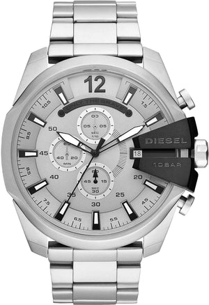 Diesel Mega Chief Chronograph Silver Dial Silver Steel Strap Watch For Men - DZ4501 Authentic Buy Shop Now