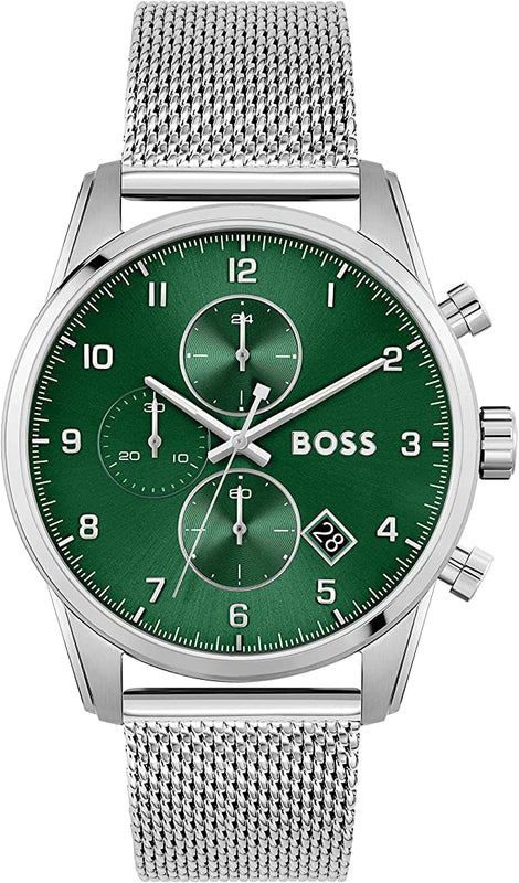 Hugo Boss Skymaster Green Dial Silver Mesh Bracelet Watch for Men - 1513938 Authentic Buy Shop Now
