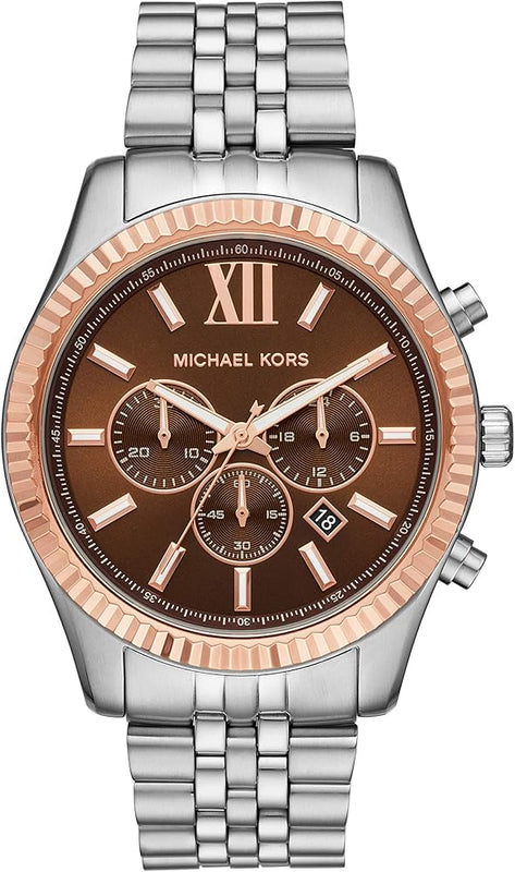 Michael Kors Lexington Chronograph Brown Dial Silver Steel Strap Watch For Men - MK8732 Authentic Buy Shop Now