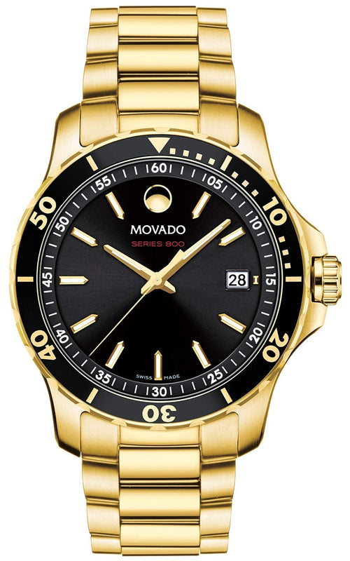 Movado Series 800 Black Dial Gold Steel Strap Watch For Men - 2600145 Authentic Buy Shop Now