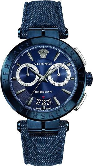 Versace Aion Chronograph Blue Dial Blue Leather Strap Watch for Men - VBR070017 Authentic Buy Shop Now